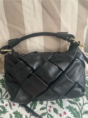 Leather Black Woven Shoulder Bag with Gold Accents Valentina Italy